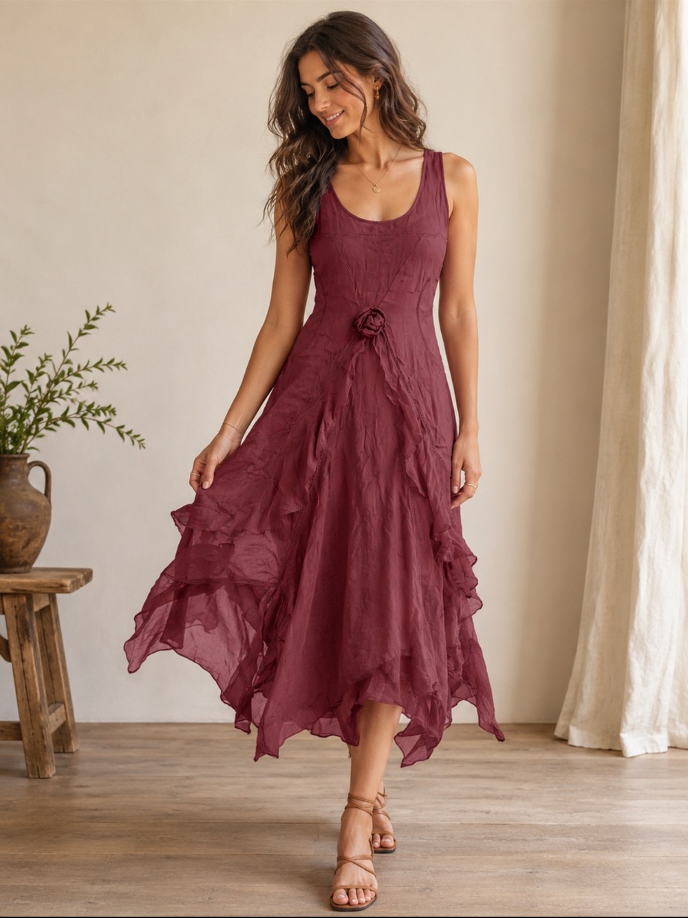 Nataya Wine Ruffled Tank Midi Dress
